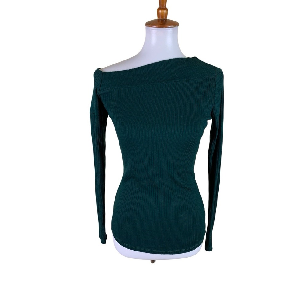 Michael Lauren Green Ribbed Off Shoulder Top Y2K Fitted Stretch Minimalist S